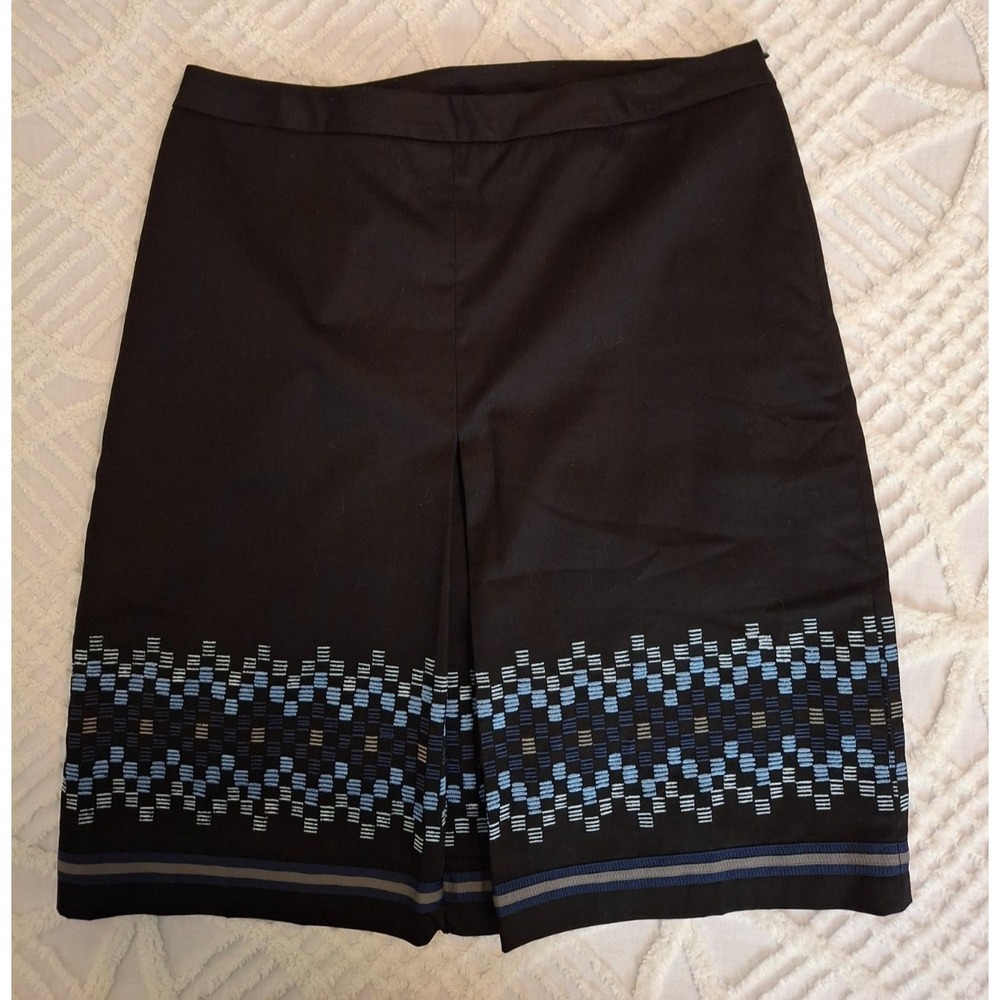 Ann Taylor LOFT Womens 8 Pencil Skirt Black Blue Geometric Embroidered Hem